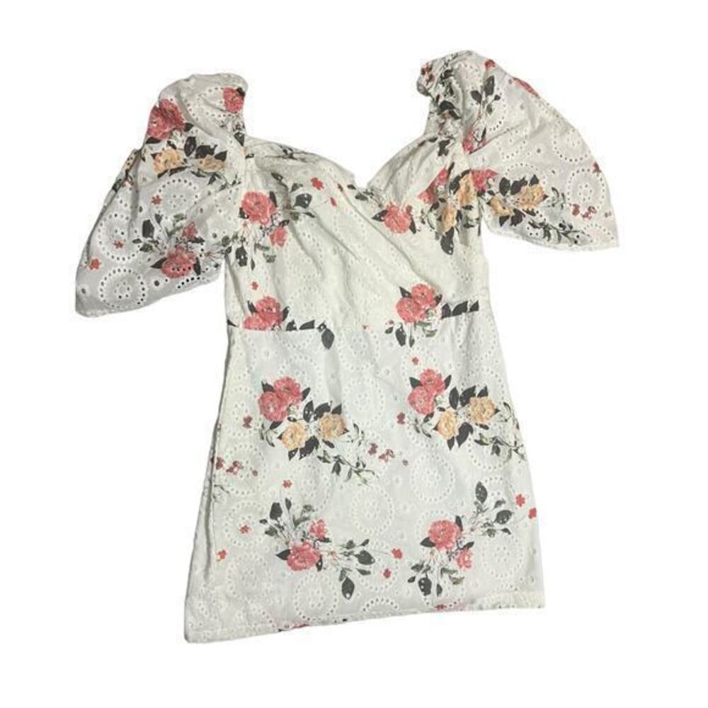 White Floral Eyelet Midi Dress with Puff Sleeves and Sweetheart Neckline